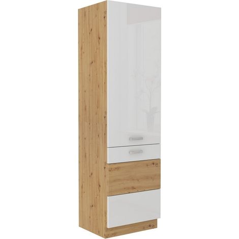 Küchen Hochschrank 60 cm Eiche Artisan + Weiss Hochglanz Küchenzeile Küchenblock (1/5)