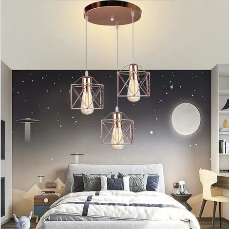 Yowei E27 Lustre Suspension en Métal Industrielle Rose Plafonnier Luminaire en Forme Carré Vintage pour Salon Chambre (1/4)