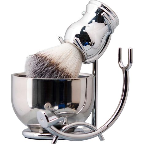 Kit de rasage Deluxe pour hommes, 3 en 1 Set de rasage comprend brosse à raser, bol de rasage en acier inoxydable et porte-rasoir et brosse, set argent