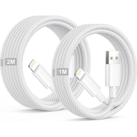 Cable iPhone Charge Rapide 1M+2M Lot de 2, Apple Certifiés MFi Cable Chargeur iPhone cable Lightning USB Nylon Durabilité Câble Lightning Fil Chargeur pour Apple iphone 14 13 12 11 Pro Max 8 7 6,iPad (1/5)