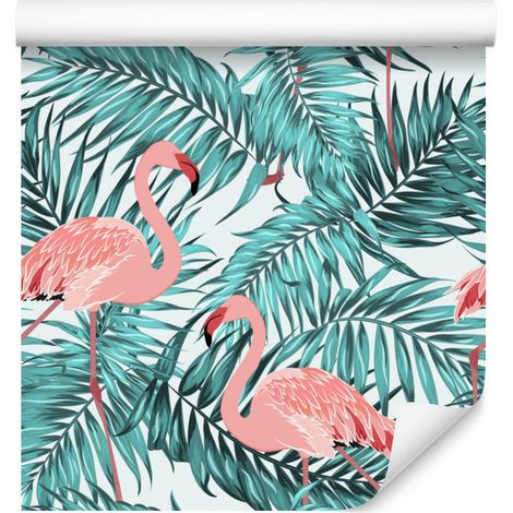 Papel pintado de hojas con flamencos para salón y dormitorio, 50x1000 cm (1/5)