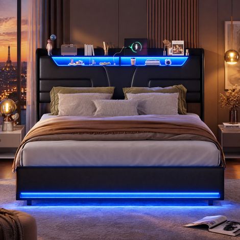 JOOKGBD – Letto a Contenitore 140x190 cm, Letto Matrimoniale Imbottito, Contenitore Idraulico, LED, USB, Rete a Doghe, Letto Giovanile, Rivestimento PU, Nero (1/5)