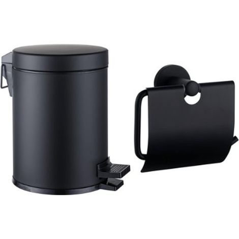Fortifura Calvi ensemble d'accessoires pour toilettes - porte-rouleau - avec couvercle - poubelle à pédale - 5 litres - noir mat (1/3)