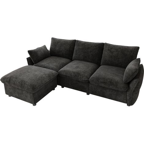 Canapé d'angle moderne en chenille avec ottomane et 1 pouf, 3 places, gris foncé 222,5 × 154,5 × 76,5 cm (1/5)