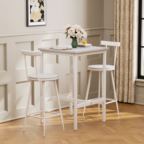 Set Bartisch und 2 Hocker mit Rückenlehnen und Fußstützen, Platzsparend, Stahl und Spanplatte Weiß (1/5)
