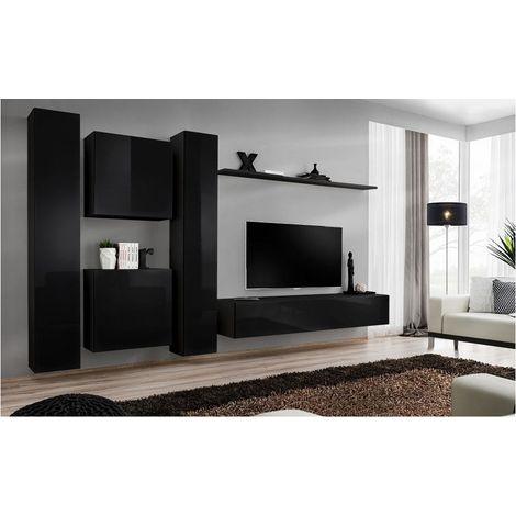 Ensemble meuble TV mural  - Switch VI - 330 cm  x 180 cm x 40 cm - Noir - Livraison gratuite