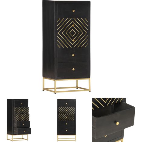 Mango-Massivholz - vidaXL Schubladenschrank Schwarz Golden 45x30x105cm Mangoholz - Schrank Schwarz Golden (1/5)