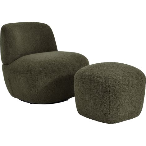 Fauteuil pivotant et repose pied en tissu bouclette vert foncé