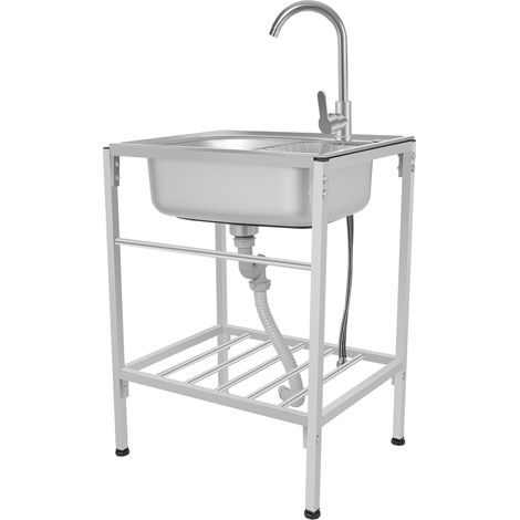 Évier autonome en acier inoxydable - 60 x 45 x 75 cm - 1 bac - Évier mobile - Évier de cuisine industriel - Pour extérieur, jardin, camping - Avec support de robinet, passoire pour buanderie, garage (1/5)