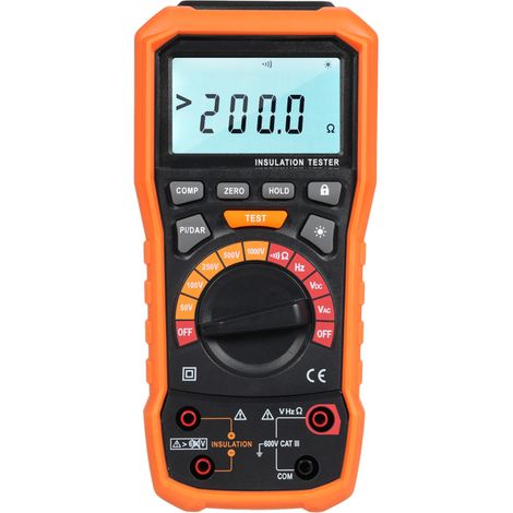 Testeur de résistance d'isolement 50/100/250/500/1000 V, mégohmmètre et multimètre avec 2 cordons de test et pinces crocodiles. Mesure de tension AC/DC, fréquence, conduction et faible résistance.