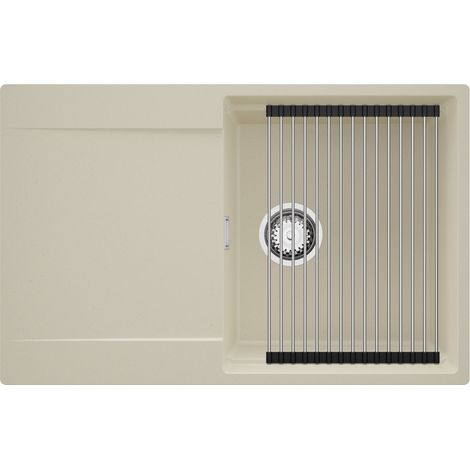 PRIMAGRAN Evier Cuisine en Granit 78x50cm,Lavabo 1 bac + Kit de Vidage + Égouttoir Enroulable, Évier à Encastrer au meuble 50cm - San Francisco, Beige (1/5)