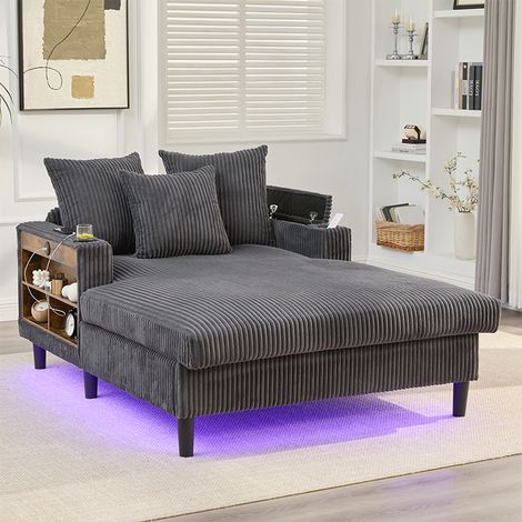 Méridienne 129x170x70 cm en Velours Côtelé Gris Foncé avec LED, USB, Rangement, 3 Coussins et Double Porte-Gobelets (1/5)