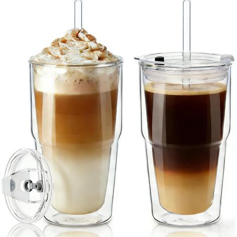 2er-Set Doppelwandige Glasbecher 480ml mit Deckel & Strohhalm – Isolierende Thermogläser für Kaffee & Kalte Getränke