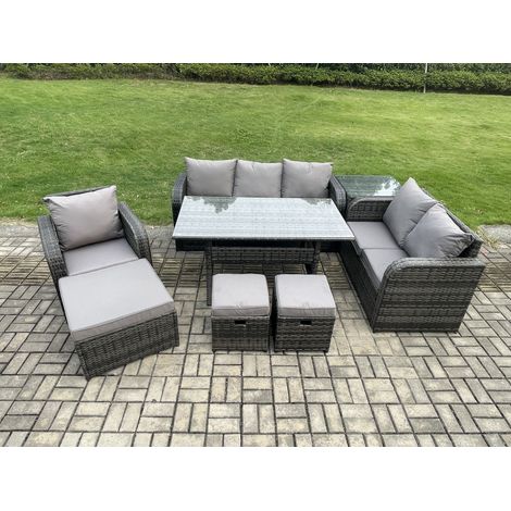Fimous 8 Piece Rattan Garden Furniture Set with Patio Sofa Rectangular Dining Table Side Table 3 Small Footstools Indoor Conservatory Patio Set