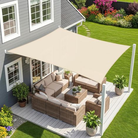 Voile d'ombrage rectangulaire 3 x 3 m, couleur kaki clair, toile imperméable, protection UV 95 %, idéale pour l'extérieur, le jardin et la terrasse. (1/5)