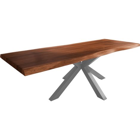 Esstisch Baumkante massiv Akazie nussbaumfarben 280 x 110 Spider-Gestell Metall silber TITAN (1/5)