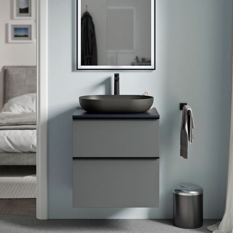 BERNSTEIN - Meuble sous vasque suspendu salle de bain MDF Anthracite mat, plan vasque Bleu nuit mat, poignée métal Noir mat - 60x46x62cm - LAVOA Anthracite mat, Noir mat, Bleu nuit mat