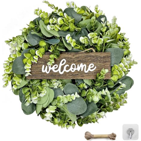 Couronne de porte colorée - Plaque de bienvenue - Couronne d'été - Pour toute l'année - Décoration de printemps - Pour porte d'entrée, porte, fenêtre, mur (vert) (1/5)