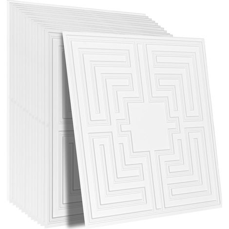 Panneaux de Plafond PVC Premium, Lot de 12, 60x60 cm, Pose Facile, Découpe Simple, Revêtement Mural pour Maison/Bureau, Motif Écho Blanc (1/5)