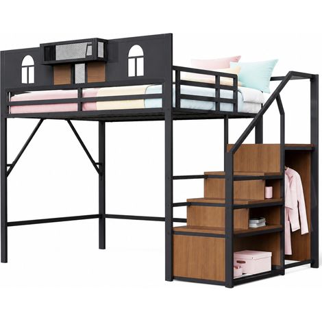 Lit mezzanine 140 x 200 cm en métal noir avec échelle de rangement, étagère intégrée, fenêtres ajourées et espace ouvert dessous  CHICFURN (1/5)