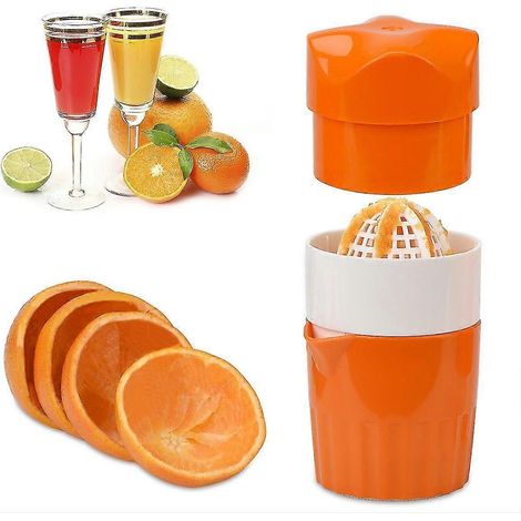 Presse-agrumes manuel avec passoire et récipient, pour citrons, oranges, limes et autres agrumes (couleur orange).