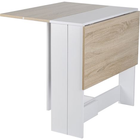 Table pliante 4 places – Longueur 102.5cm – Décor chêne et blanc – 2 ailes battantes pour gain de place – Wyctin