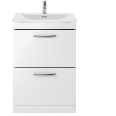 Millwich Contemporary 2 Drawer Floor Standing Vanity Unit with Curved Basin, Gloss White, 600mm
