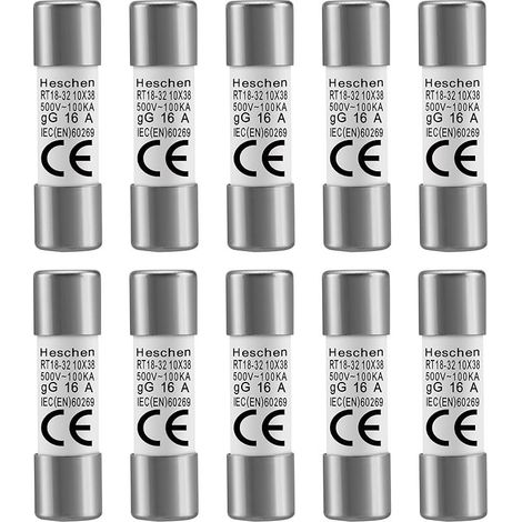 Lot de 10 fusibles cylindriques en céramique, RT18-32 (RO15), 10 x 38 mm, 16A 500V, CE