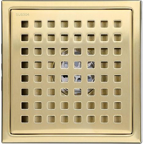 1 Stück Duschablauf Gold Edelstahl quadratisch 15 x 15 cm Duschablauf Bodenablauf Bodenablauf mit Bodenablaufabdeckung, Desodorierungskern aus Messing, gebürstetes Gold