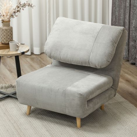 Fauteuil convertible 2 en 1 avec lit d'appoint, appui-tête réglable, aspect velours côtelé, 82 cm x 87 cm x 89 cm, gris