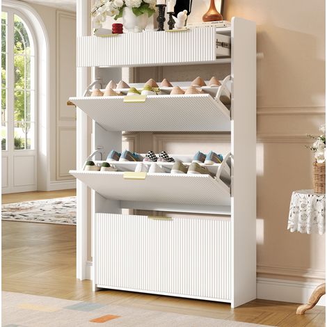 Mueble zapatero estrecho con 3 compartimentos abatibles y 2 cajones, 80 × 25 × 135 cm, blanco HAVRYA
