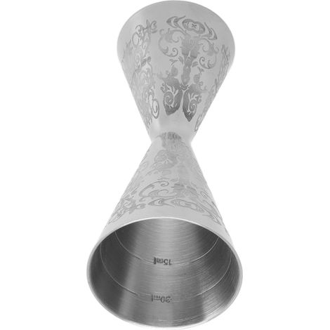 Doppelkopf-Cocktail-Jigger mit integriertem Messbecher aus graviertem Edelstahl für die Hausbar, 30 ml und 45 ml. (1/5)
