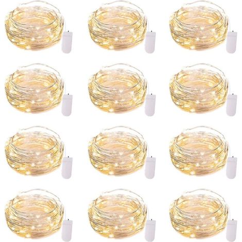 Lot de 12 guirlandes lumineuses LED à piles, fil argenté étanche, 2,1 m, 20 LED, lucioles, lune étoilée, pour mariage, chambre, terrasse, Noël (lot de 12, blanc chaud) (1/5)