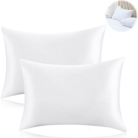Lot de 2 taies d'oreiller blanches standard 50 x 75 cm avec fermeture portefeuille, en microfibre douce et infroissable. (1/5)
