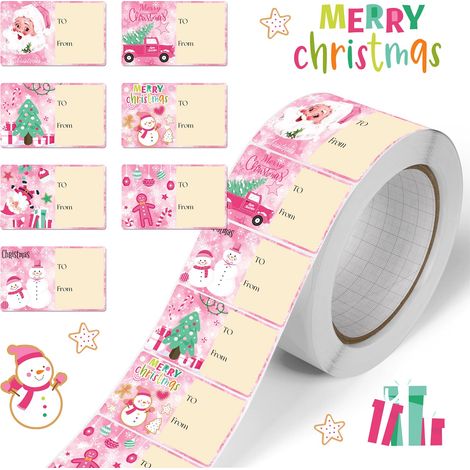420 étiquettes autocollantes roses de Noël, avec des motifs de Père Noël, bonhomme de neige et camion rose, idéales pour les cadeaux de Noël, l'emballage et la décoration des fêtes. (1/5)