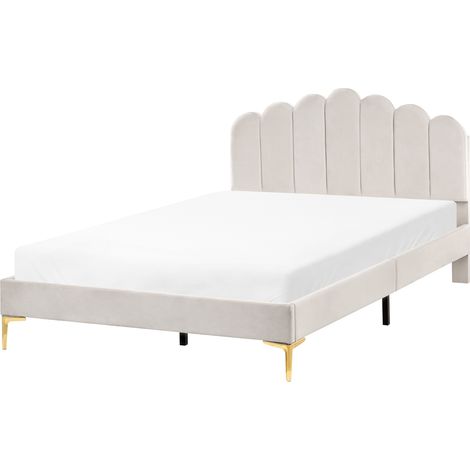 Cama de terciopelo con patas de metal cabecero y somier de láminas blanco crema 140 x 200 cm Sauvian