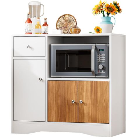 Meuble Micro-Ondes avec Tiroir de Rangement, Design Moderne Blanc et Bois Naturel, Buffet de Cuisine Multifonction avec Plan de Travail Imperméable (Blanc) (1/5)