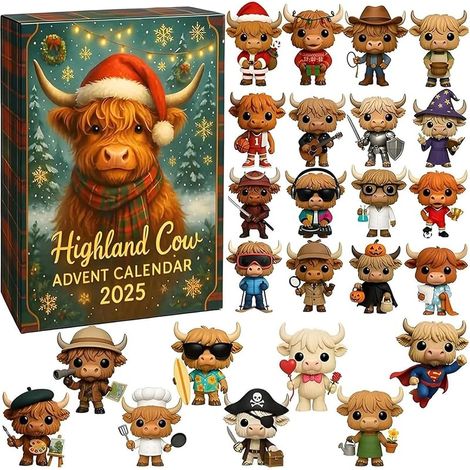 Calendrier de l'Avent 24 Jours Vache des Highlands2026, Calendrier de l'Avent avec 24 Ornements de Vache Highland en 2D/3D, avec 24 Mini Ornements de Vache Highland Différents, Décoration de Vacances (1/5)