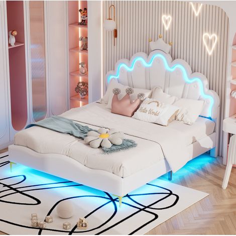 DESVIAE Lit double princesse 140 x 200 cm avec tête de lit nuage couronne LED réglable en PU blanc (1/5)