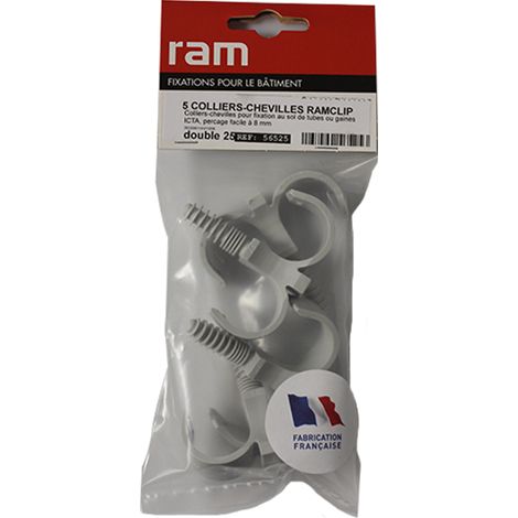 5 colliers cheville RAMCLIP double gris pour tube nu Ø25 - RAM (1/2)