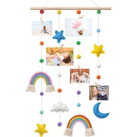 Affichage Photo Suspendu avec Décoration Arc-en-Ciel, Organisateur Mural Boho avec 25 Clips en Bois pour Chambre d'Enfant