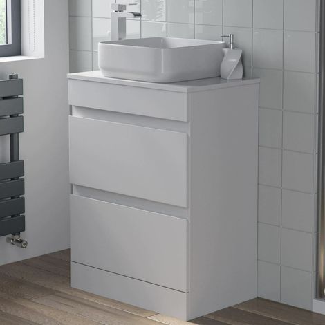 Countertop Vanity Unit & Basin Floor Standing Bathroom Furniture Drawer White Gloss 600mm with 365mm Square Basin (1/5)