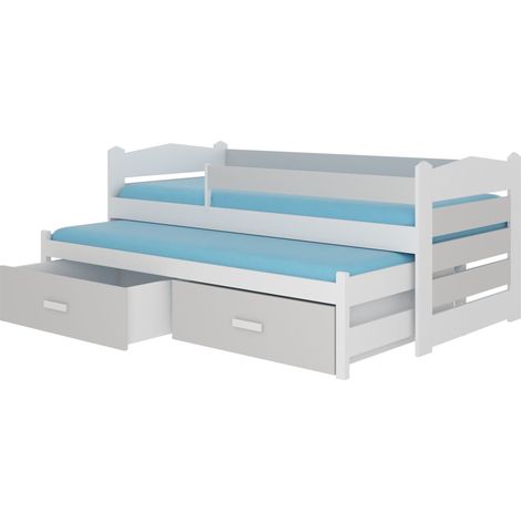 Lit gigogne blanc et gris clair 2 couchages 90x200 avec 2 coffres de rangement Kuska (1/5)