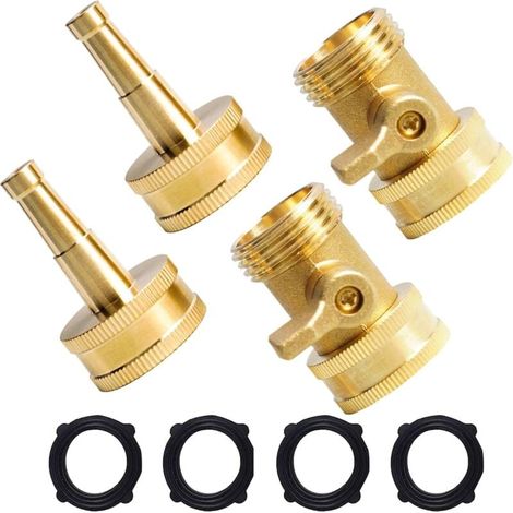 Lot de 2 buses de tuyau en laiton robustes. buse à jet sous pression avec vanne d'arrêt de tuyau. buses GHT 3/4" pour tuyau d'arrosage. lave-auto. 4 rondelles en caoutchouc supplémentaires (1/4)