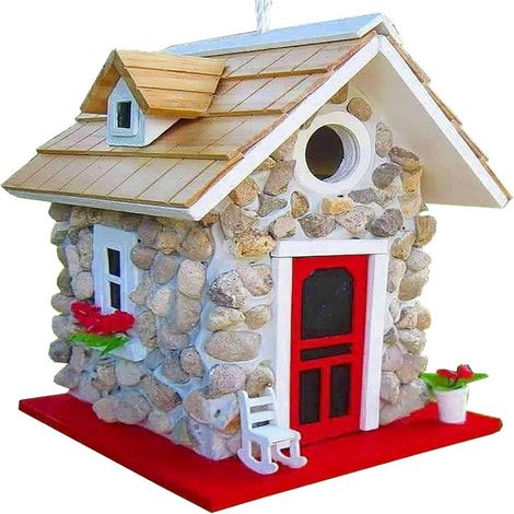 Casetta per uccelli sospesa in legno e resina, dipinta a mano, stile rustico da cottage (25 x 18 x 20 cm)