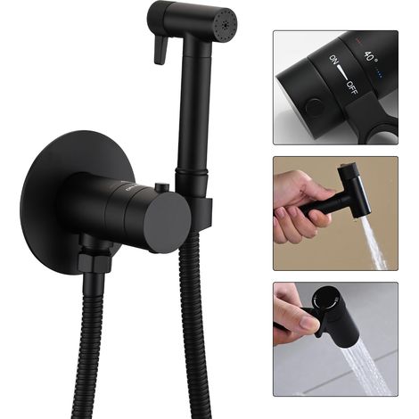 Kit Douchette WC Thermostatique, Noir Douchette Laiton Toilette Douchette WC Kit Complet avec Pulvérisateur Double Fonction, 1.2m Tuyau de Douche (1/5)