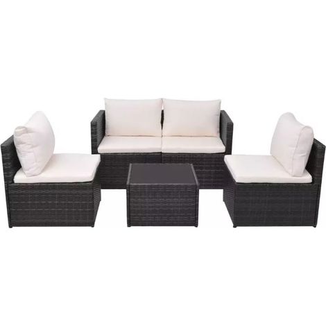 Salon de jardin 4 pièces résine tressée noir et coussins blanc Kael (1/5)