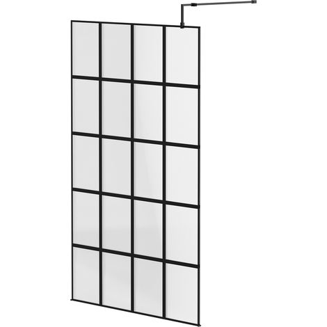 Colore 8mm Clear Glass Matt Black Crittall Frame 1950mm x 1200mm Walk In Shower Screen including Support Bars and Retainer Feet (1/5)