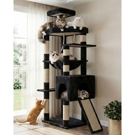 Arbre à Chat Robuste 163 cm, Structure élargie Grandes Plateformes. Arbre a Chat avec hamac XXL, griffoir sisal intégré. Couchage et mobilier pour Chats, Design Stable, Gris Fumé HCT027G (1/5)