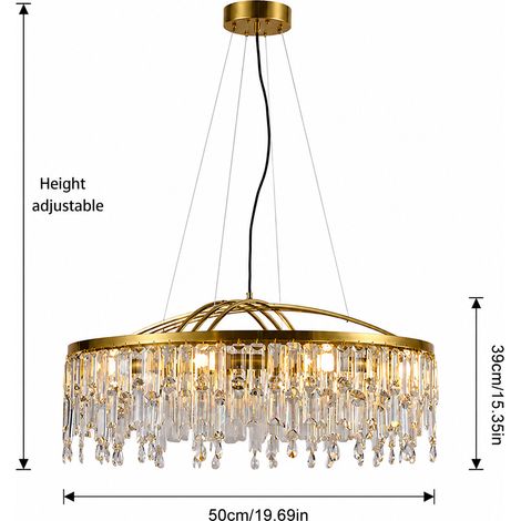 Lustre suspension doré 50 cm en cristal, luminaire design luxe E14 x8 réglable pour salon salle à manger chambre entrée